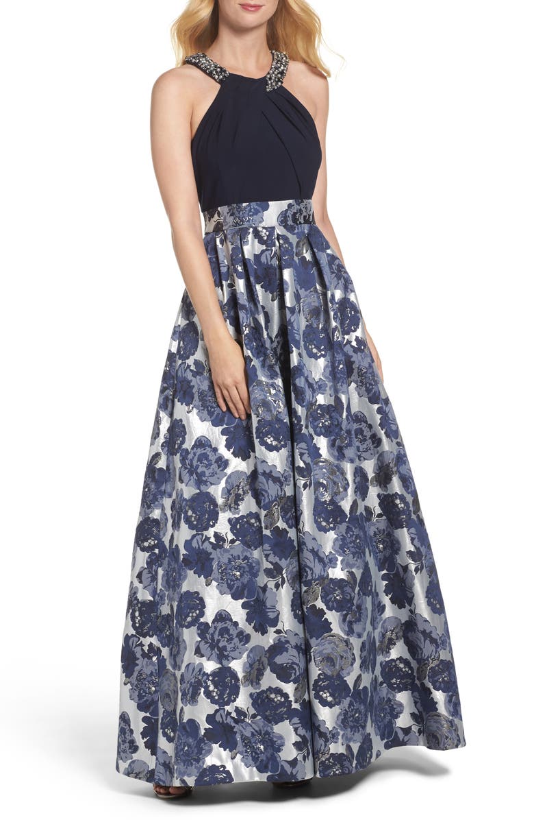 Eliza J Embellished Floral Jacquard Fit & Flare Gown | Nordstrom