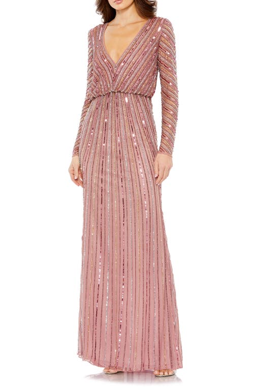 Mac Duggal Sequin Stripe Long Sleeve V-Neck Mesh Gown Rosewood at Nordstrom,