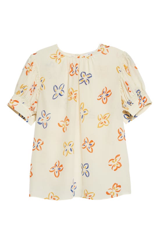Shop Rebecca Taylor Flame Floral Print Puff Sleeve Silk Blouse In Flame Fleur Tapioca Combo