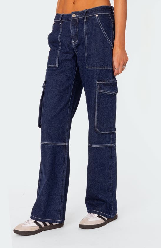 Shop Edikted Alyssa Contrast Stitch Wide Leg Cargo Jeans In Blue
