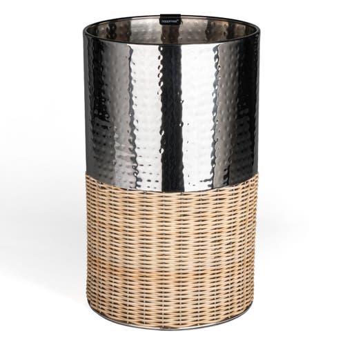 Happimess Asher Modern 2-tone Faux Wicker/metal Cylinder Waste Basket In Chrome/natural