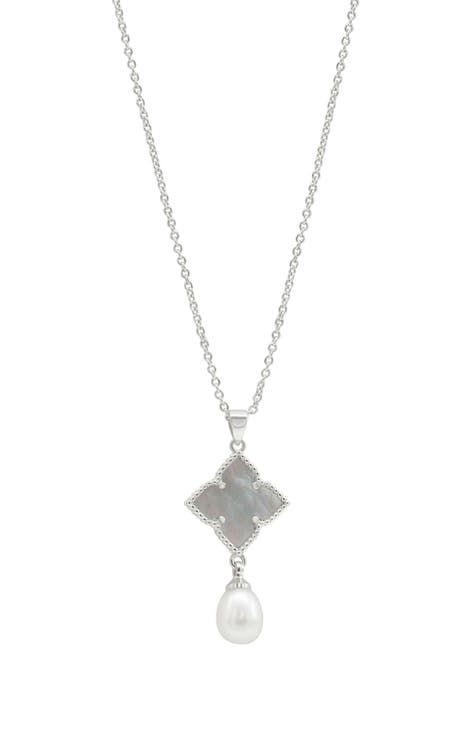 White Rhodium Plated Mother-of-Pearl Flower Necklace