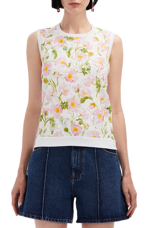 Oscar de la Renta Poppy Print Lace Overlay Sleeveless Sweater White at Nordstrom,