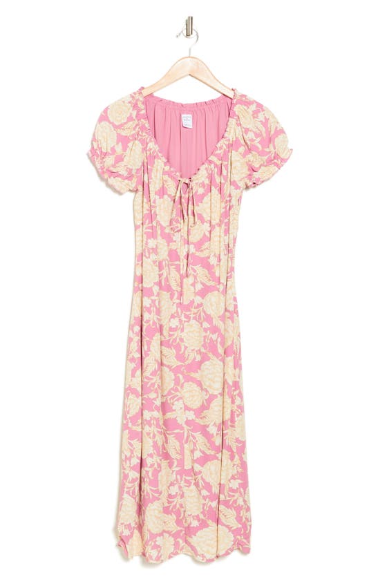 Melrose And Market Floral Tie Keyhole Puff Sleeve Midi Dress In Pink Prince Floral Float