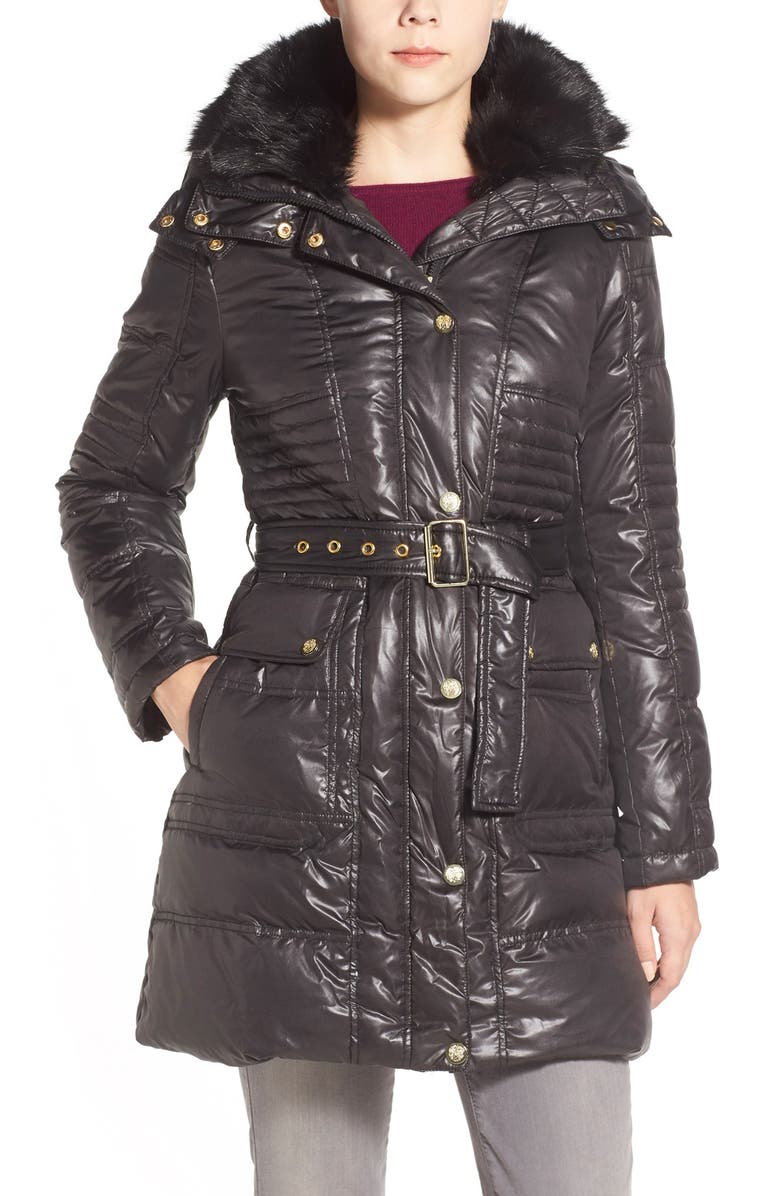 Vince Camuto Belted Down & Feather Fill Cargo Coat with Faux Fur Trim ...