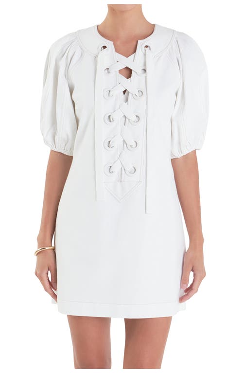 English Factory Lace-up Front Puff Sleeve Linen Blend Minidress In Off White