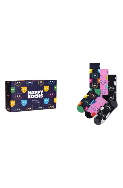 Mixed Cats 3-Pack Cotton Blend Crew Socks Gift Set in Navy