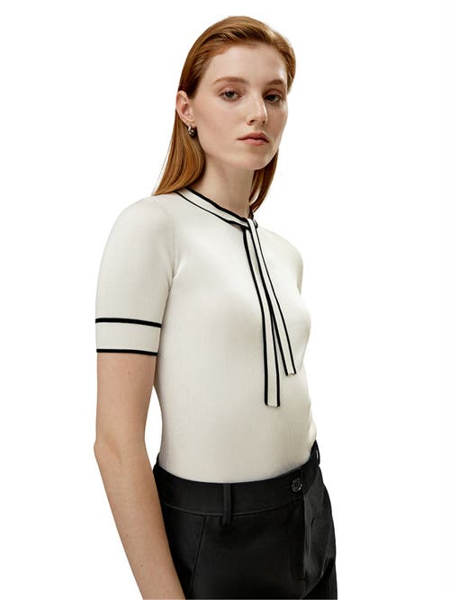 Lilysilk Silk Knit Top With Ribbons In White With Black Stripes