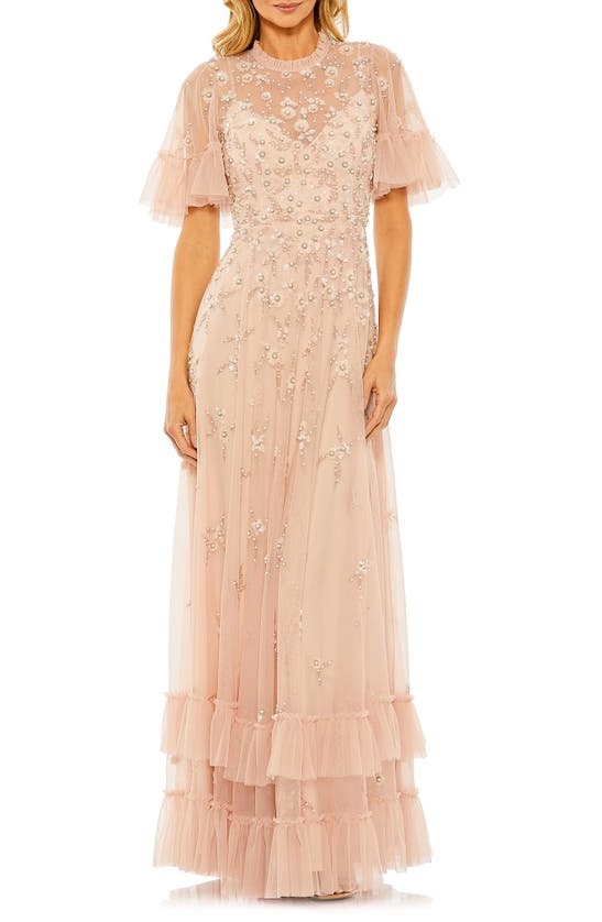Mac Duggal Ruffle Floral Embellished Gown In Blush