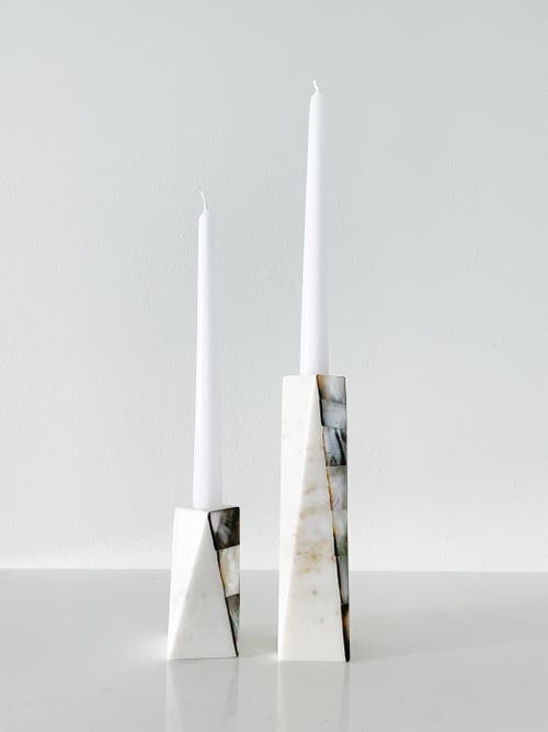 Shop Anaya Marble Grey Pearl Candle Holders In White