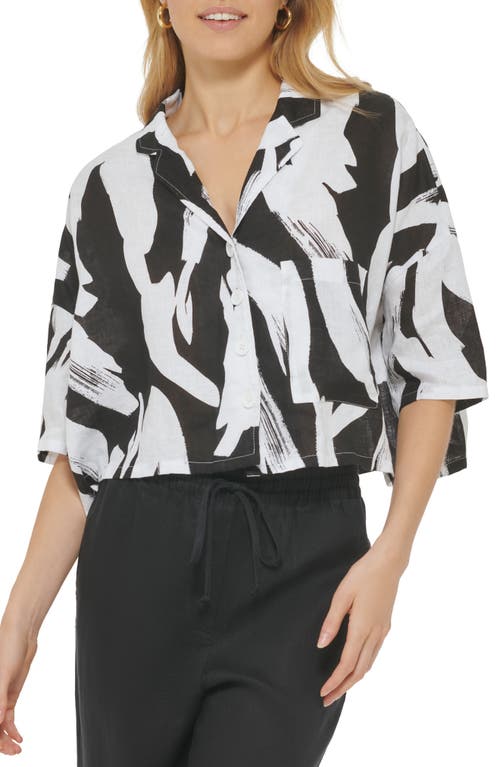 Shop Dkny Print Cotton Blend Camp Shirt In White/black Multi