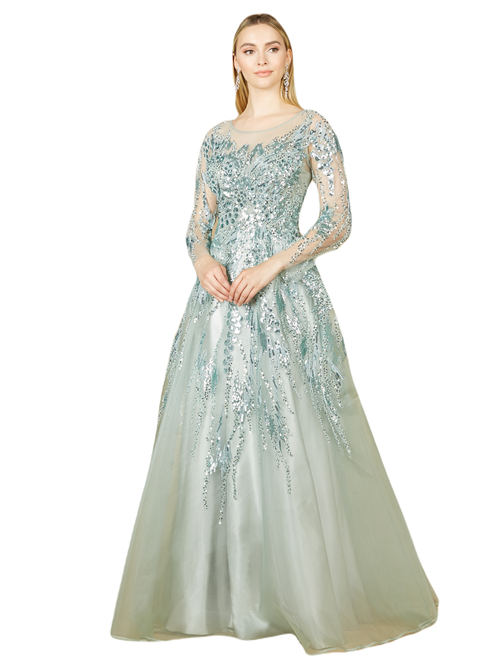 Shop Lara New York High Neck Lace Gown With Sheer Sleeves In Seafoam