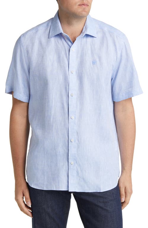 Short Sleeve Linen Button-Up Shirt in Light Blue