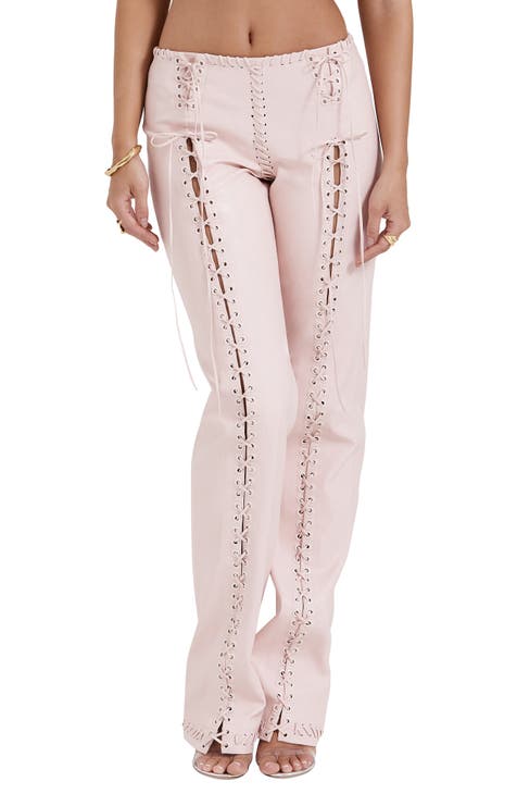 Peach Pleated Lace Cotton Pants