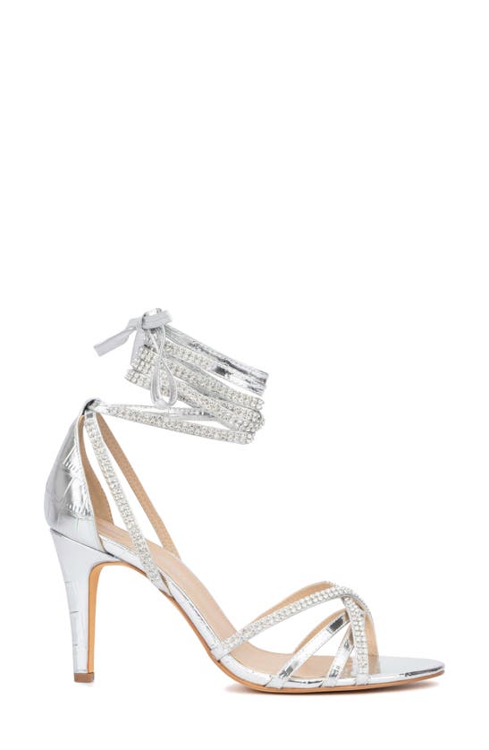 Fashion To Figure Gem Strap Croc Embossed Heeled Sandal In Silver