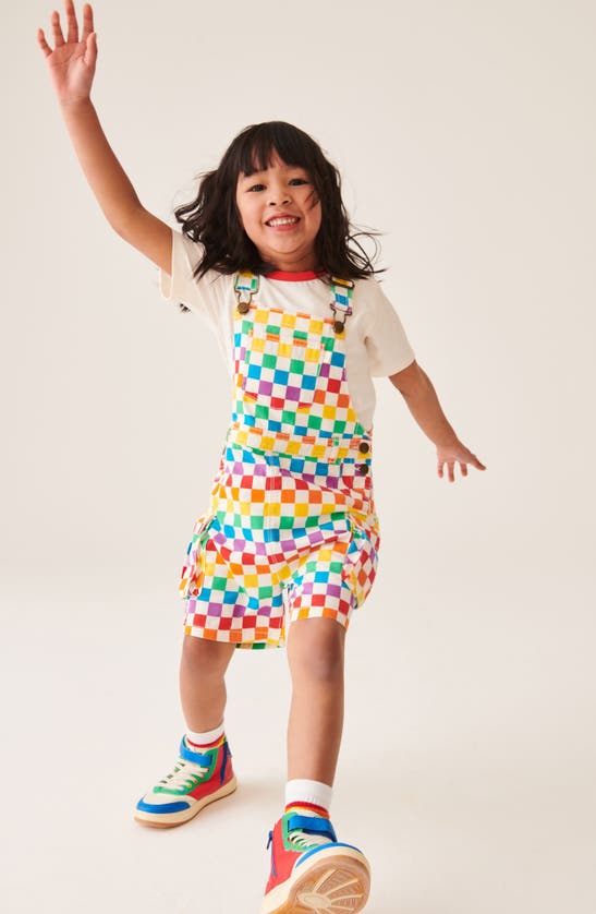 Shop Little Bird Kids' Checkerboard Short Overalls & T-shirt Set In White Rainbow