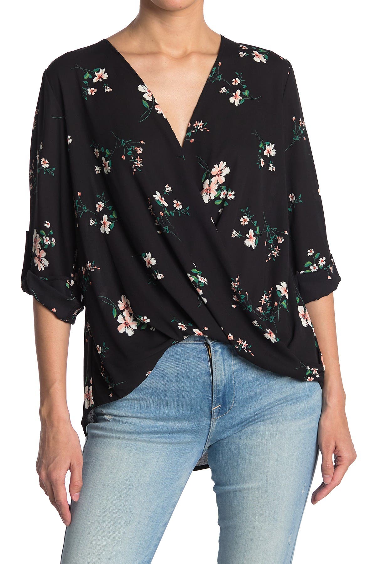 Lush Surplice Draped High/low Hem Blouse In Blackpink