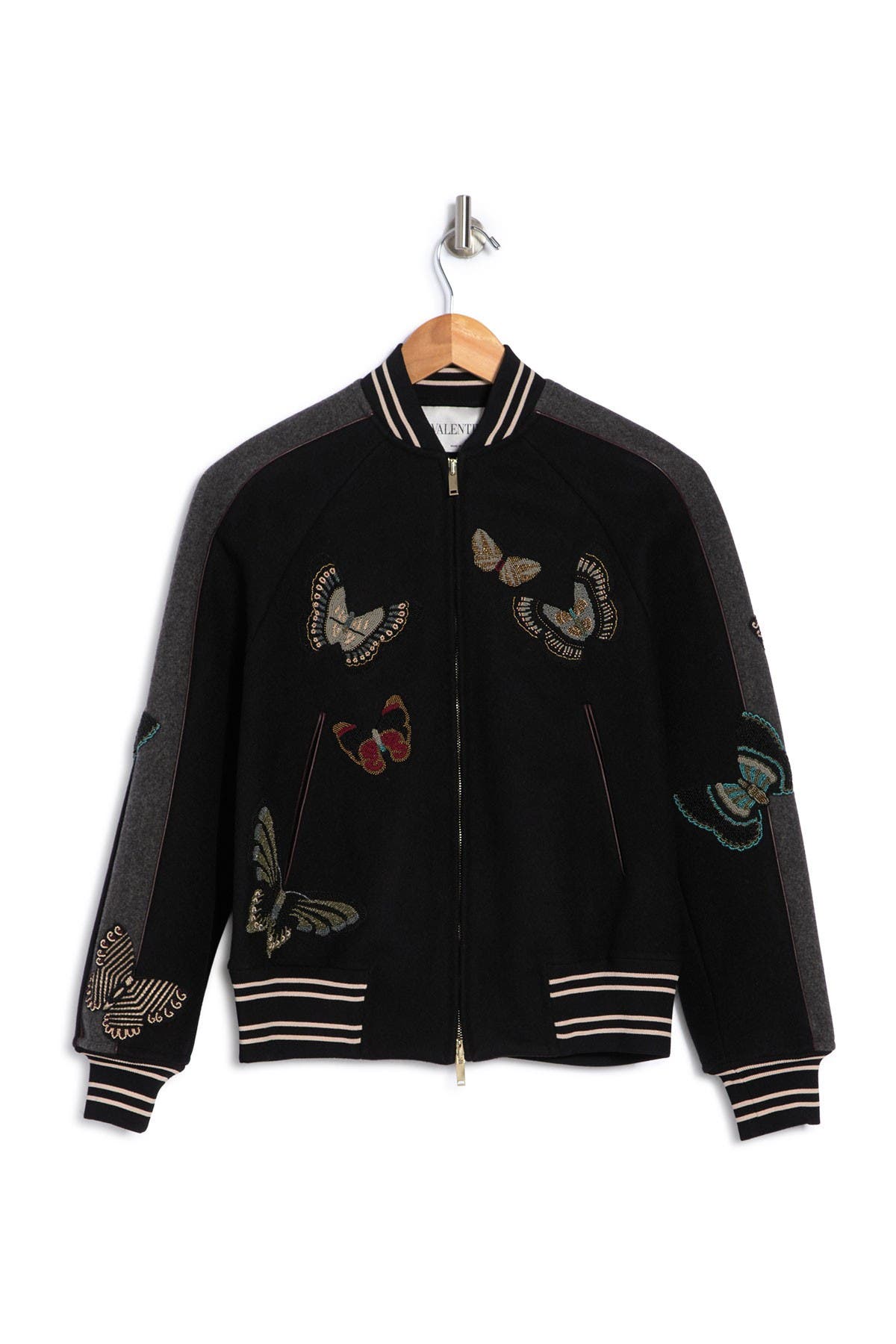 Valentino Donna Butterfly Wool Varsity Jacket In Nero