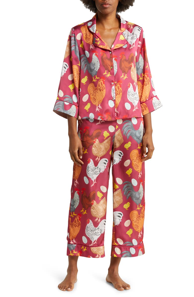 KAREN MABON Chickens Satin Pajamas, Main, color, MAROON