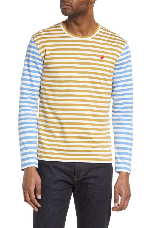 Comme Des Garçons Play Small Heart Stripe Colorblock Long Sleeve T-shirt In Olive/blue