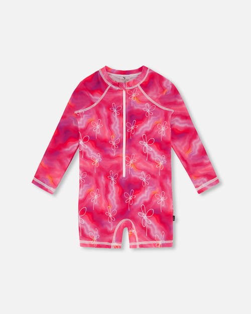 Deux Par Deux Girl's Long Sleeve One Piece Rashguard Fuchsia Tie Dye Printed Flowers in Fuchsia Tie Dye Flowers at Nordstrom