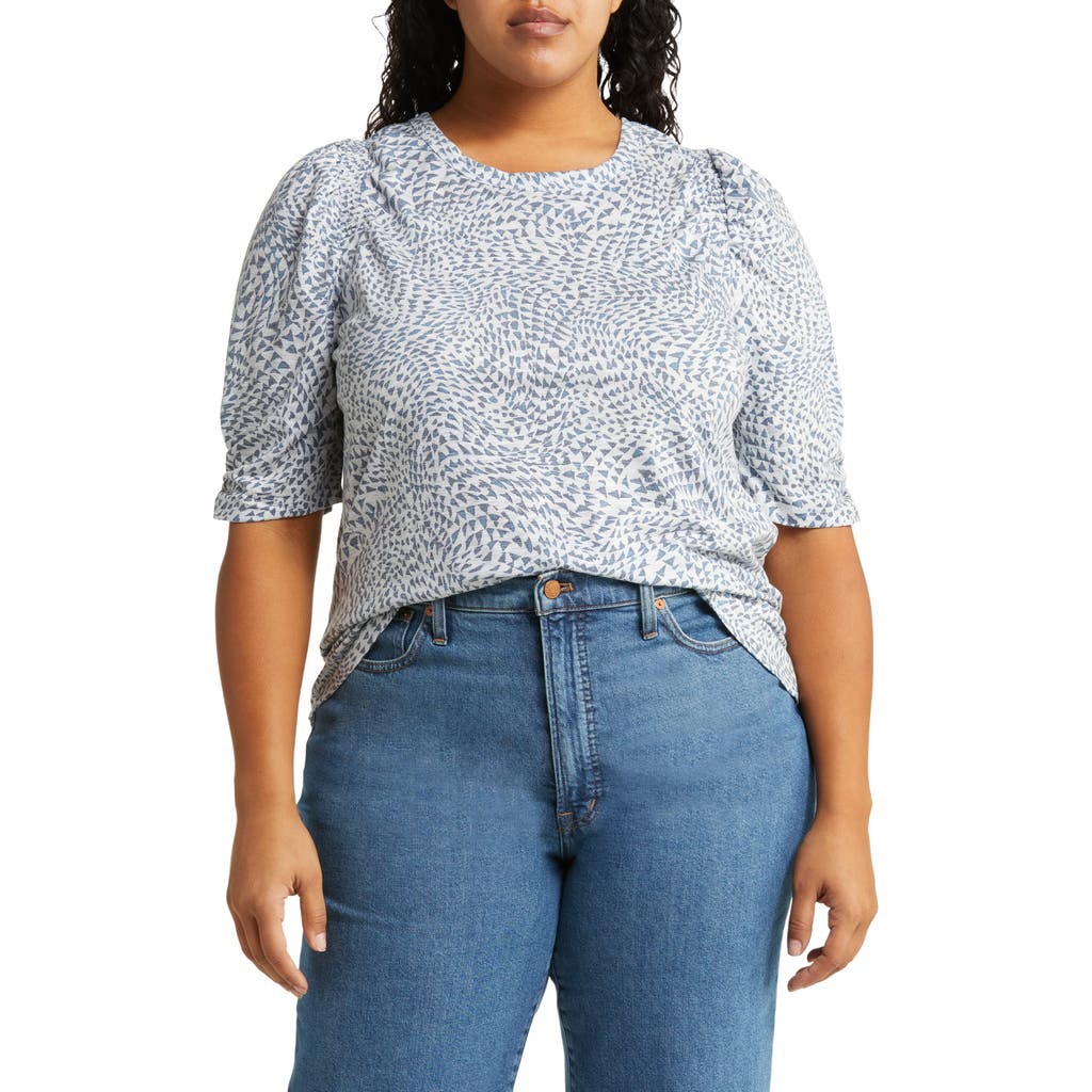 Wit & Wisdom Print Puff Sleeve Top In Heather Off White/carbon Blue
