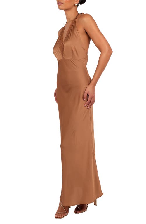 Petal And Pup Petal & Pup Kalina Lace Trim Halter Satin Maxi Dress In Brown