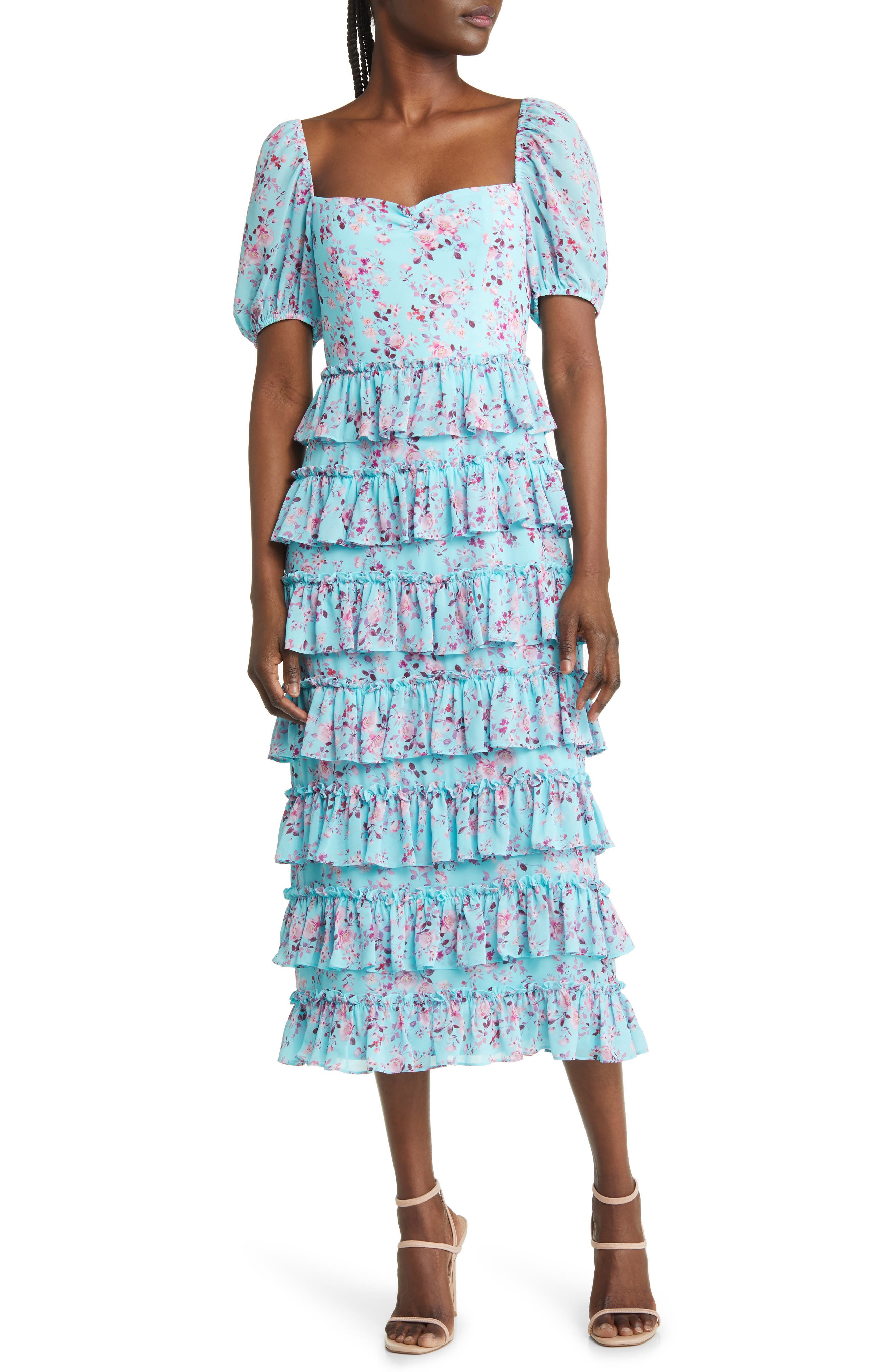 WAYF The Franki Floral Tiered Ruffle Dress in Turquoise Allover | Smart Closet WAYF The Franki Floral Tiered Ruffle Dress in Turquoise Allover | Smart Closet
