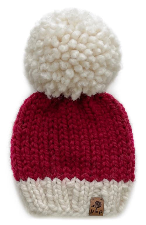 PINE + POPPY Holiday Design Pompom Hat in Deep Red And Natural Cream