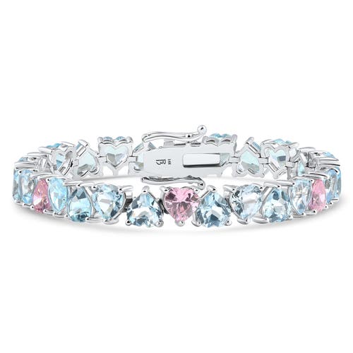 Bliss Diamond 34.43ct Heart Shape Pink & Blue Topaz Tennis Bracelet 14k Gold 23.51grams In 14k White Gold