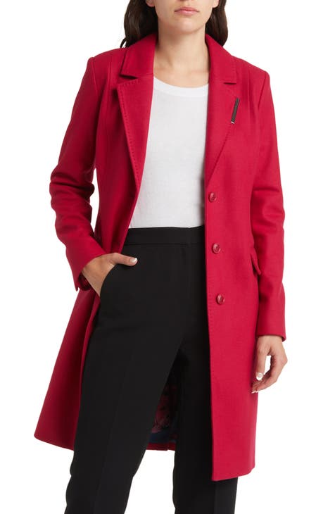 Women's Slick Wool Hooded Coat in Dark Red