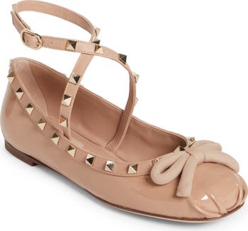 Rockstud grainy calfskin ankle strap sale ballet flat