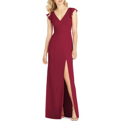 After Six V-Neck Ruffle Sleeve Evening Dress, Burgundy