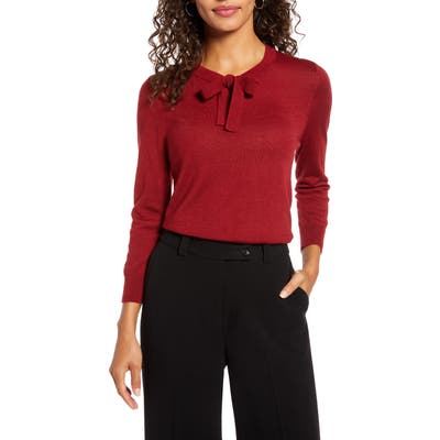 1901 Tipped Tie Neck Wool Blend Sweater, Burgundy