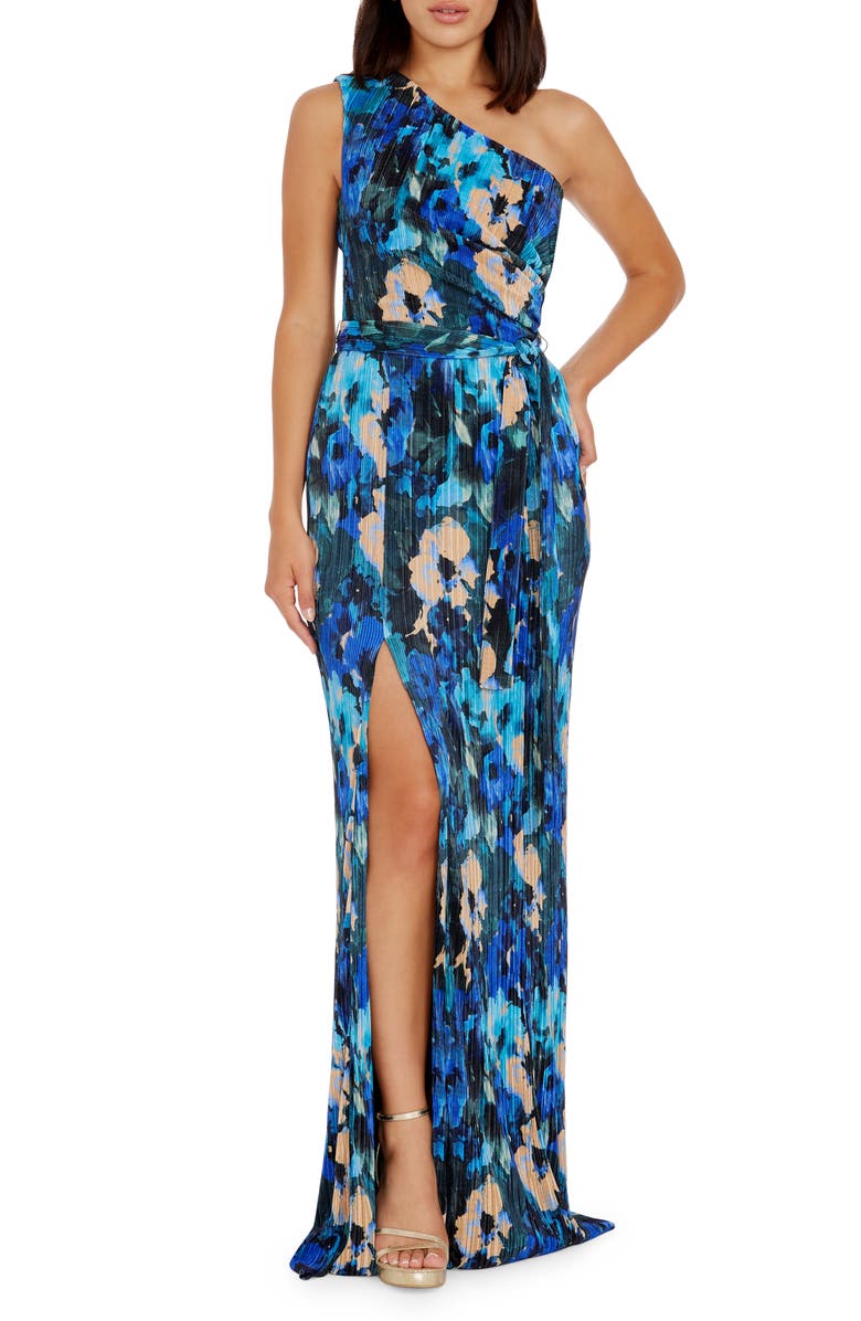Dress the Population Bella Floral Plissé One-Shoulder Gown, Main, color, Cobalt Multi