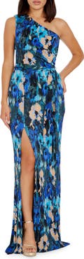 Dress the Population Bella Floral Plissé One-Shoulder Gown