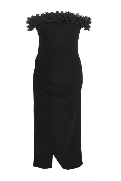 Quiz Plus Size Scuba Crepe Ruffle Bardot Maxi Dress In Black