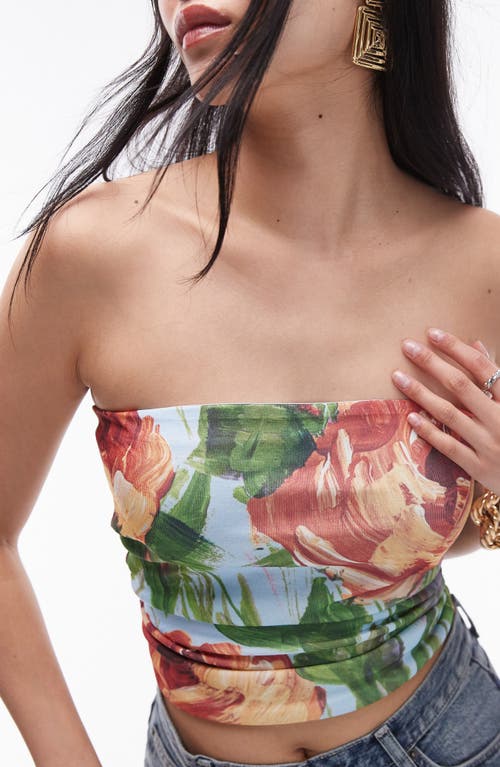 Shop Topshop Painted Floral Strapless Crop Top In Red Multi