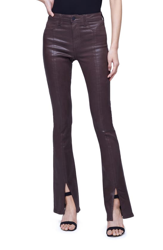 L Agence Beatrix Coated Slit Leg Bootcut Jeans In Cocoacoated