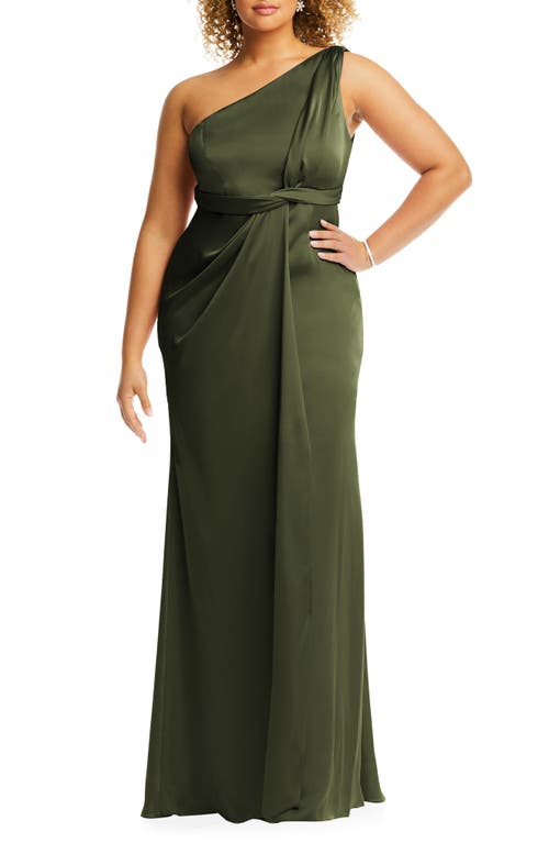 One-Shoulder Satin Gown in Olive Green