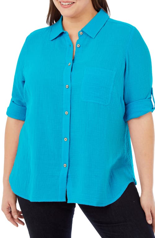 Foxcroft Tamara Cotton Gauze Button-Up Shirt in Oceanside at Nordstrom, Size 14W