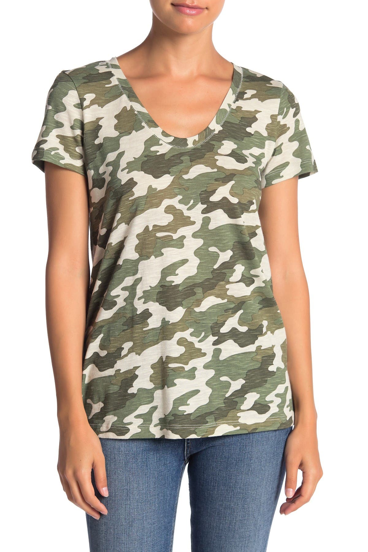 Susina Scoop Neck Slub T-shirt In Olive Camo Small