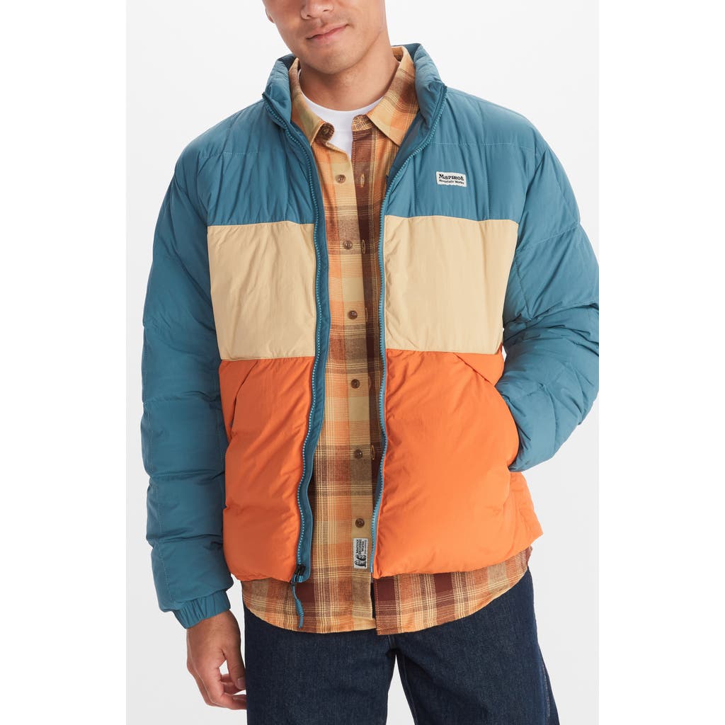 Marmot Ares Packable Recycled Nylon 700 Fill Power Down Puffer Jacket In Moon River/light Oak/tangelo