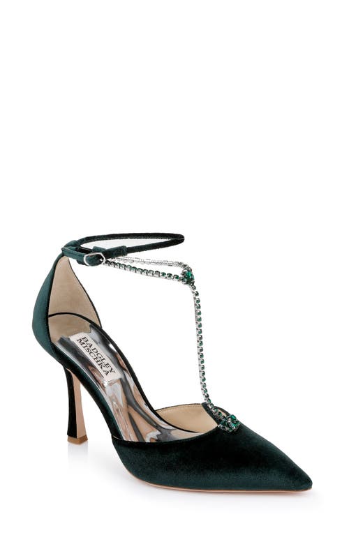 Zayna Embellished T-Strap Pointed Toe Pump in Emerald