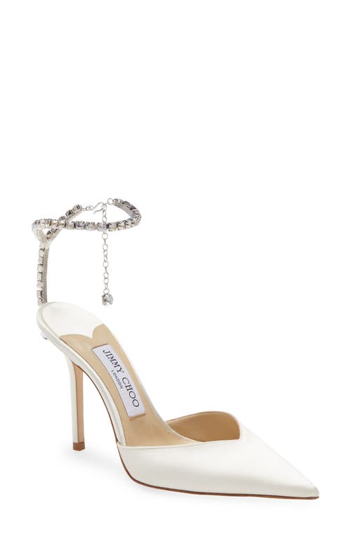 Shop Jimmy Choo Saeda Crystal Ankle Strap Pointed Toe Pump In Ivory/crystal