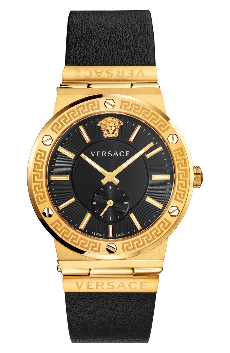 Versace Greca Logo Leather Strap Watch, 41mm, Main, color, 