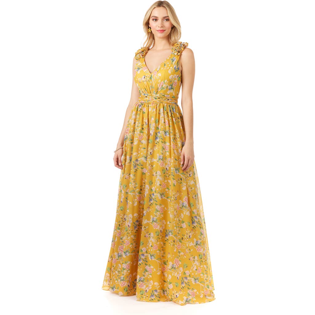 Lara New York V-neck Long Print Gown With Straps In Yellowprint
