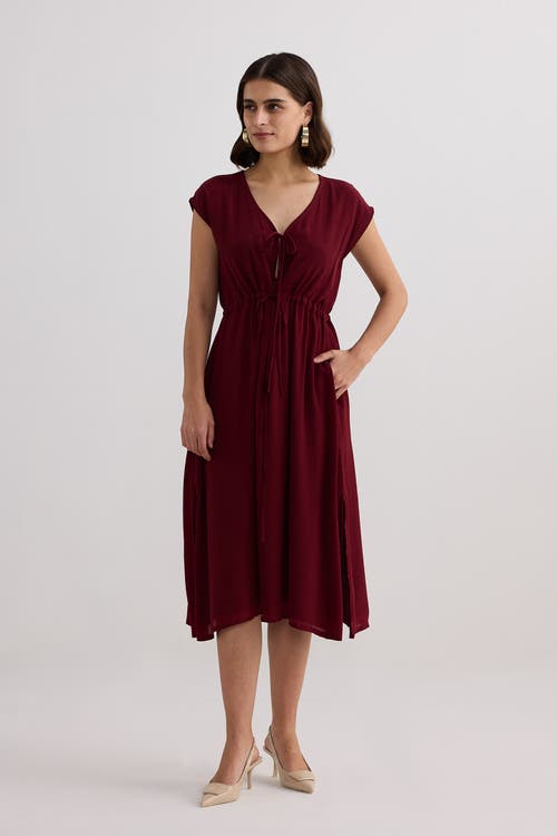 Reistor Deep V-neck Gathered Dress In Burgundy