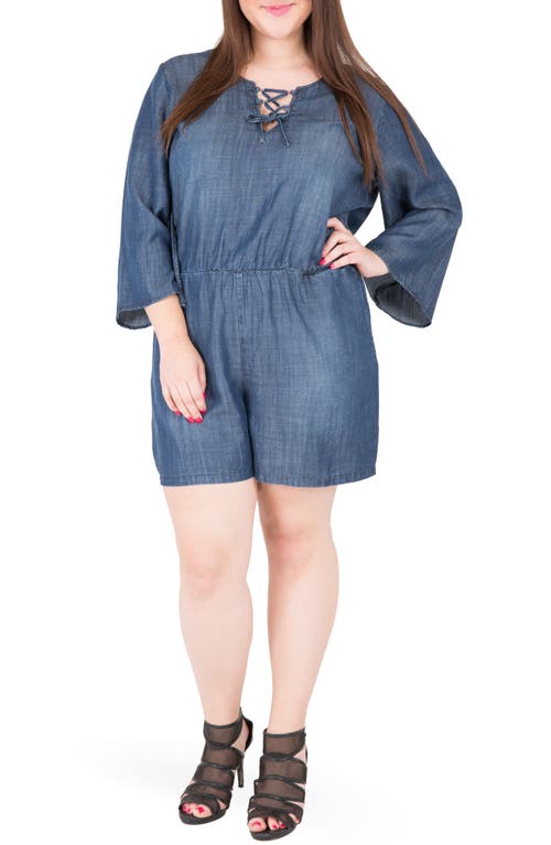 Standards & Practices Plus Bell Sleeve Lace Up Denim Romper In Navy