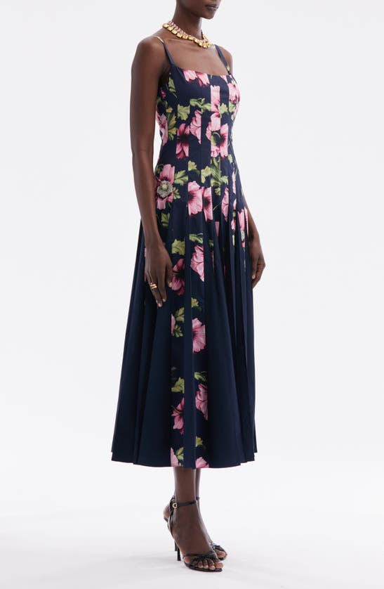 Shop Oscar De La Renta Paneled Poppy Print Midi Dress In Navy/ Pink